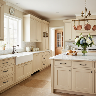 oil rubbed bronze handles on a french kitchen 
