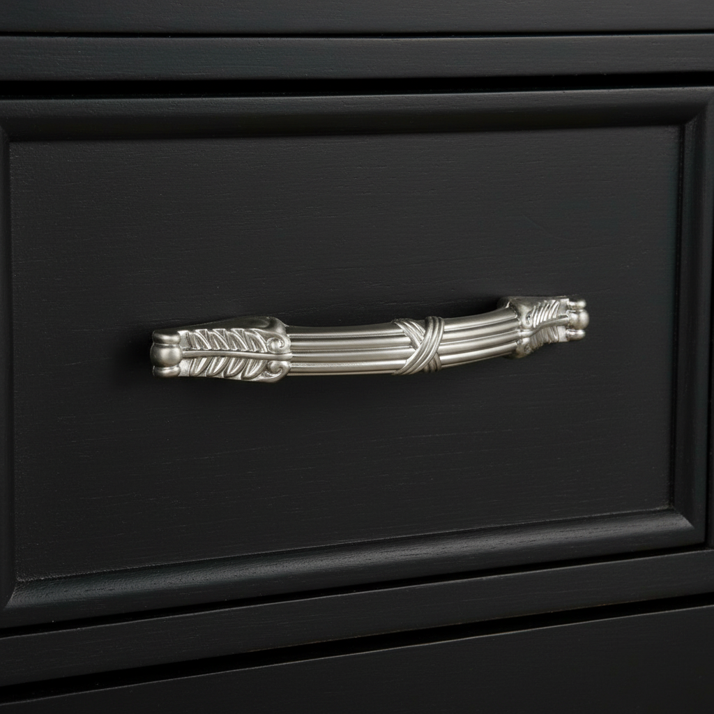 decorative cabinet pull installed on a black onyx drawer