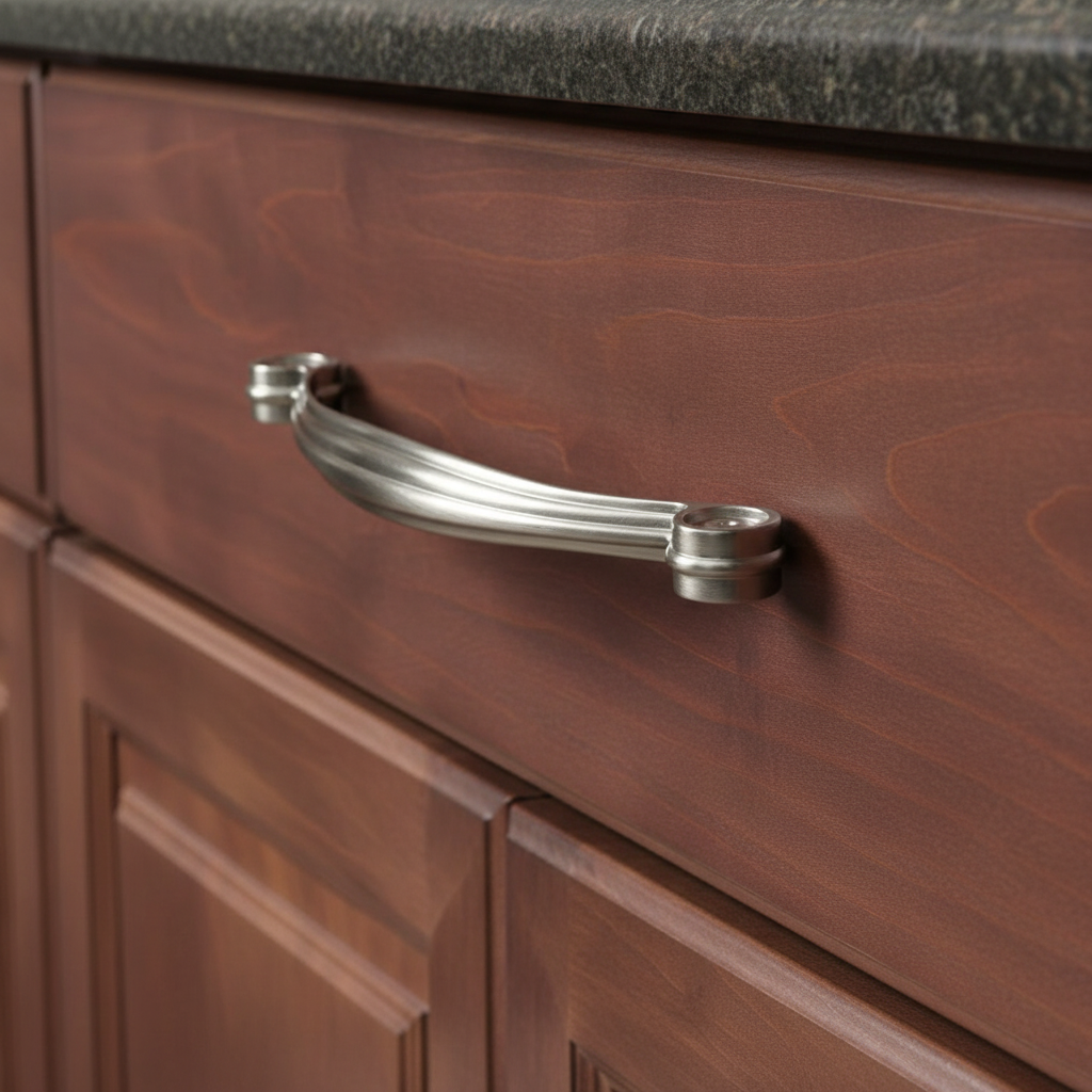 Wooden cabinet with a metallic handle on a dark countertop