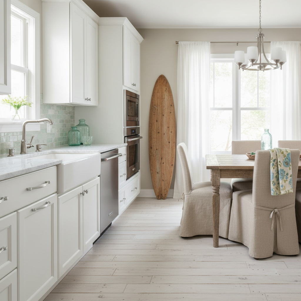 Modern kitchen with white cabinets, wooden dining table, and surfboard leaning against the wall.