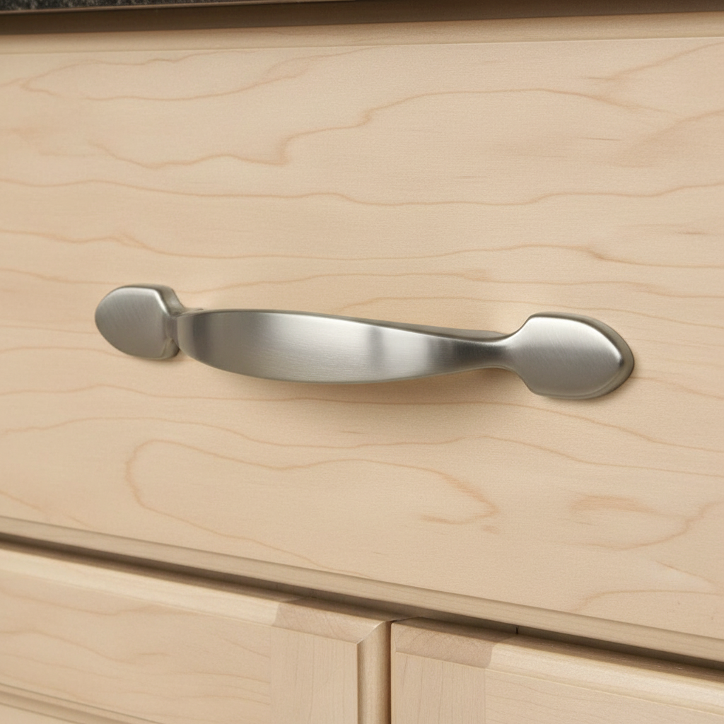SATIN NICKEL cabinet handle on a wooden drawer