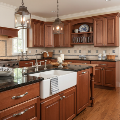 Modern kitchen with wooden cabinets, black countertops, and a large island.