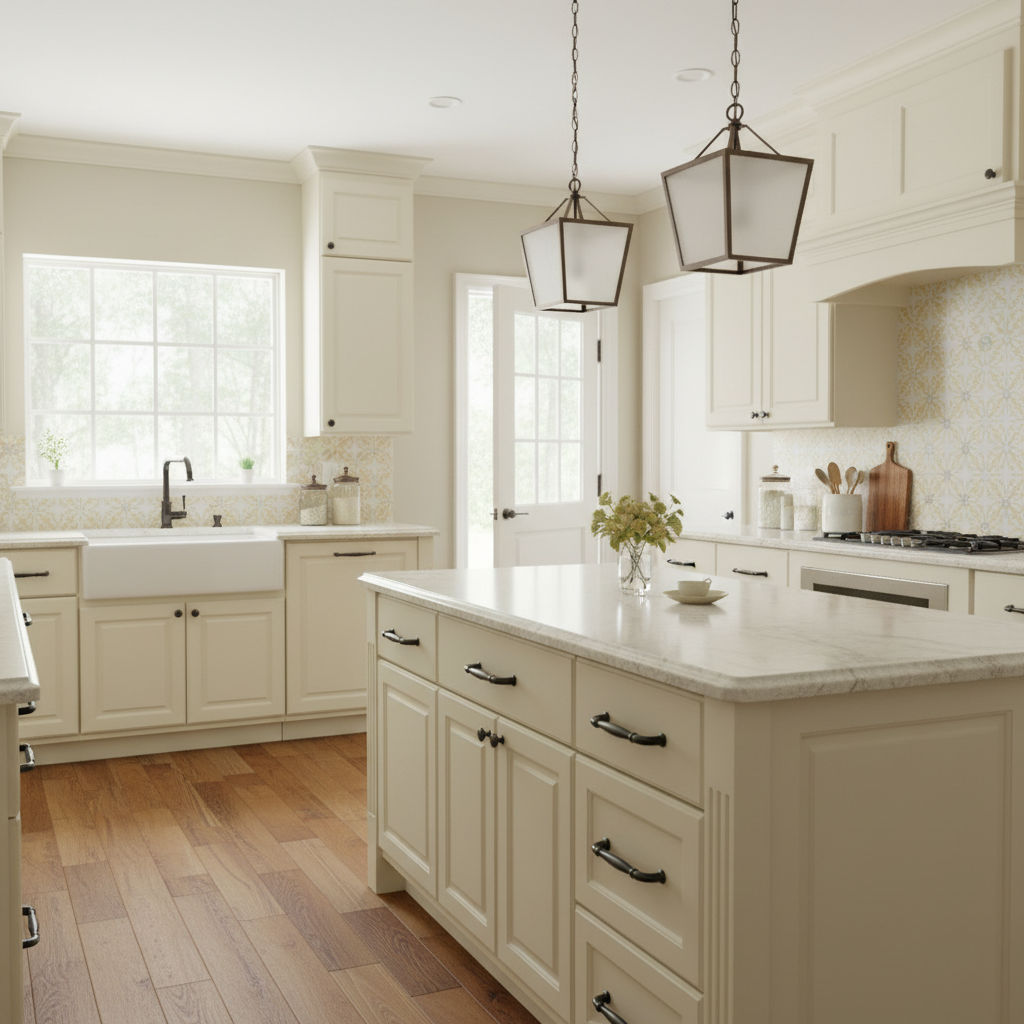 Close-up of a wooden cabinet with black handles in a kitchen setting.