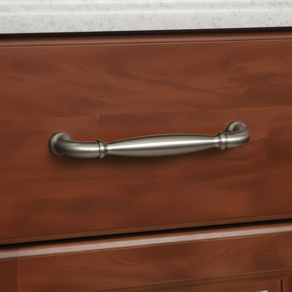Wooden drawer with a metallic handle on a kitchen counter.