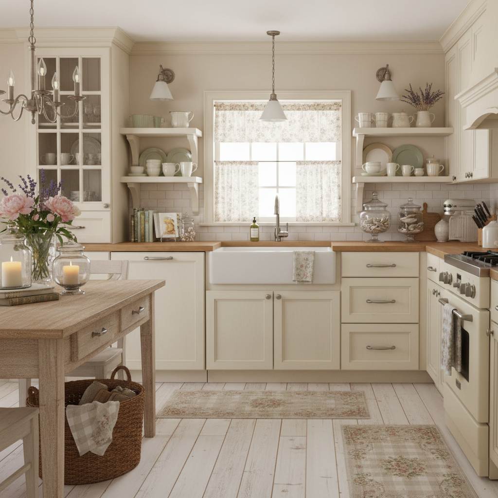 shabby chic kitchen with warm light and satin nickel handles 