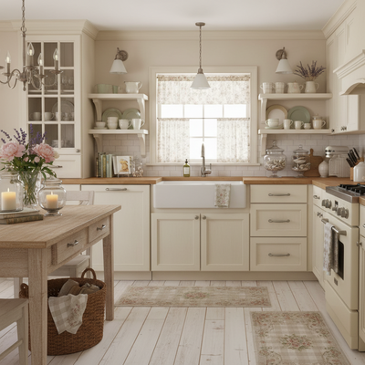 shabby chic kitchen with warm light and satin nickel handles 