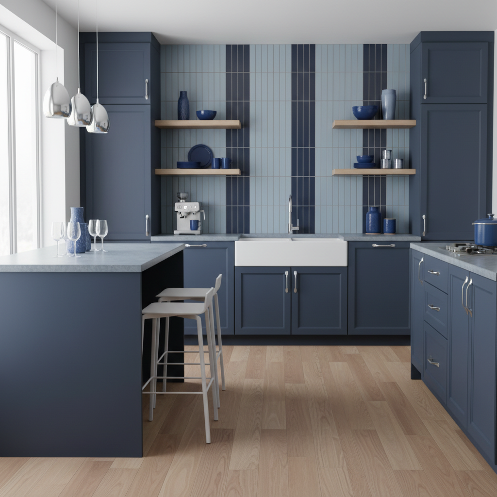 Chrome handles for cabinets in a modern kitchen 