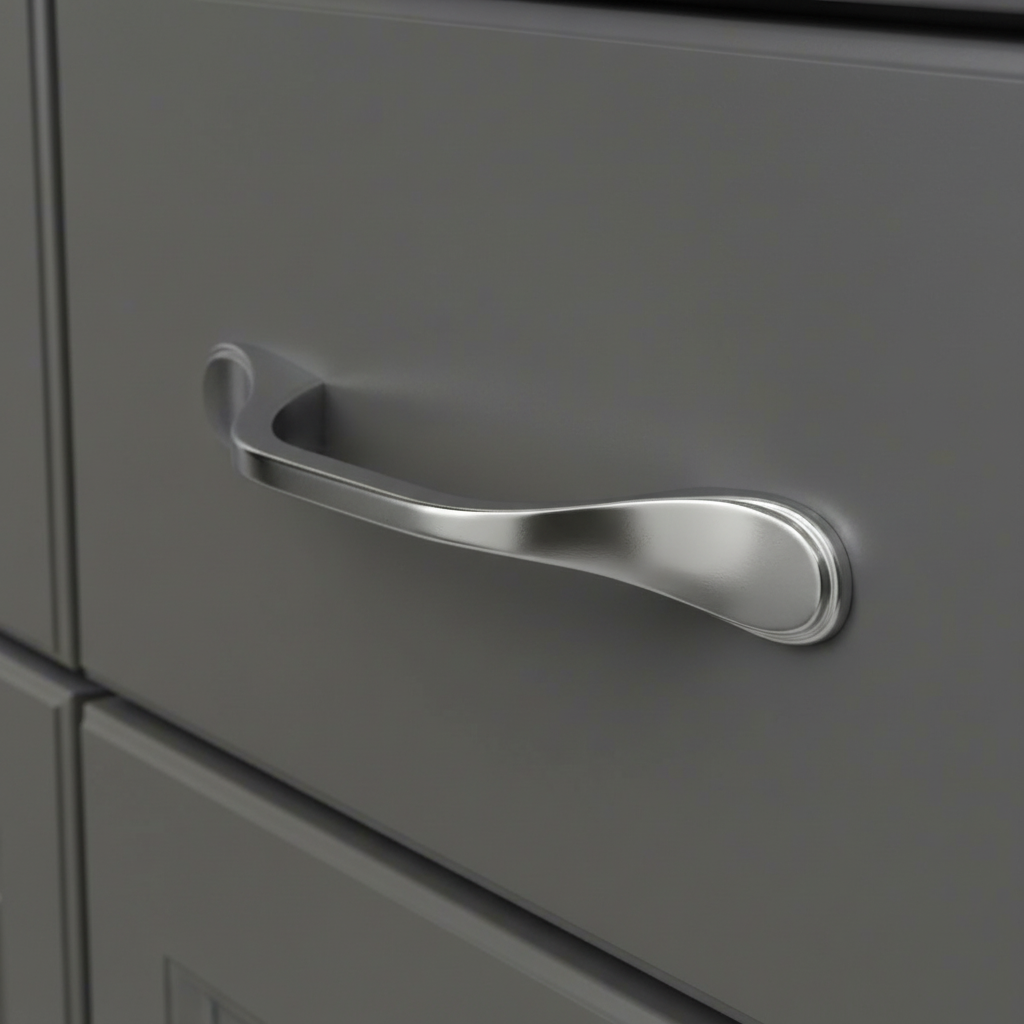 Metallic handle on a gray cabinet door