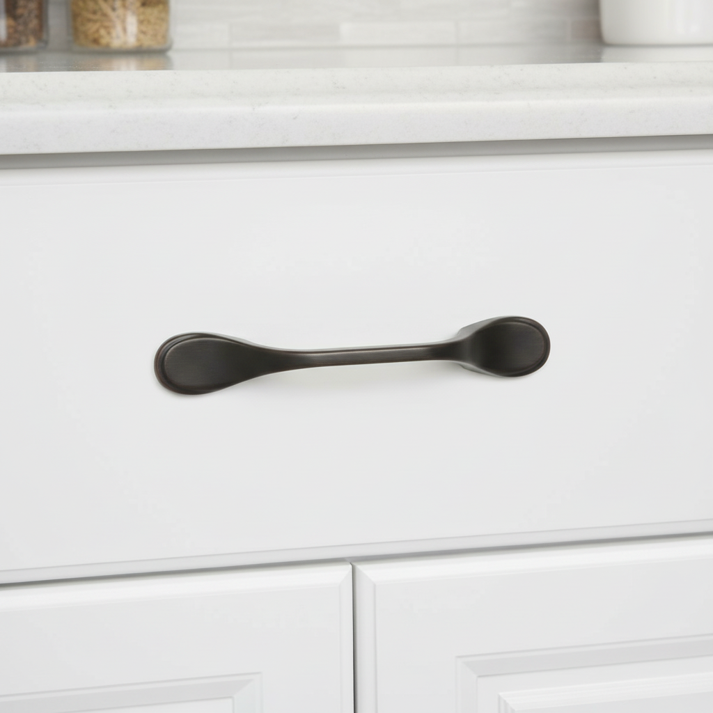 oil rubbed bronze cabinet handle on a white cabinet door