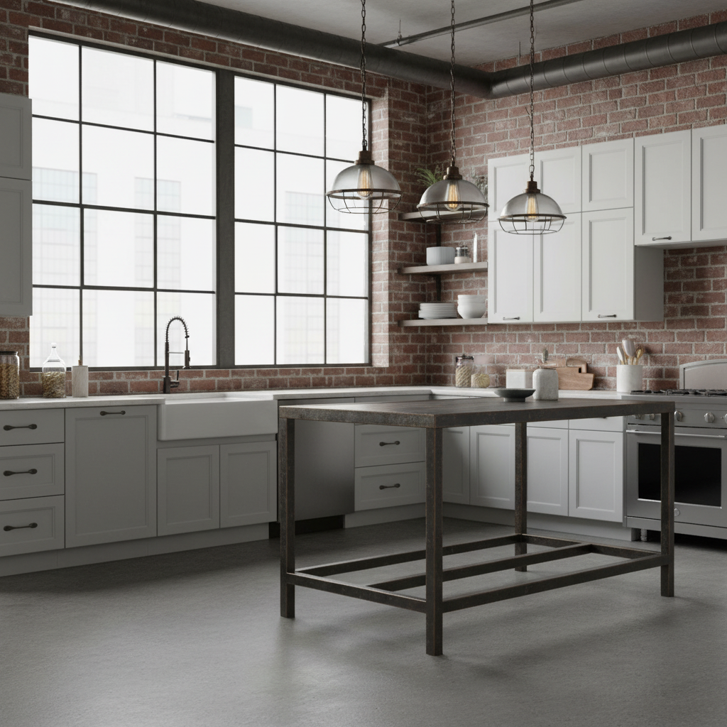 industrial kitchen with oil rubbed bronze cabinet pulls and accents 
