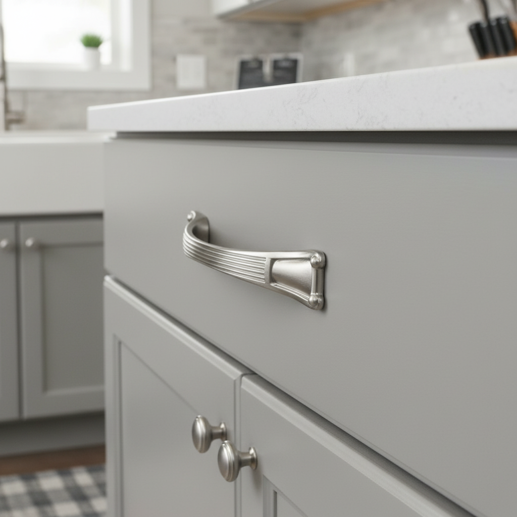 Close-up of a gray kitchen cabinet with a silver handle in a modern kitchen setting.
