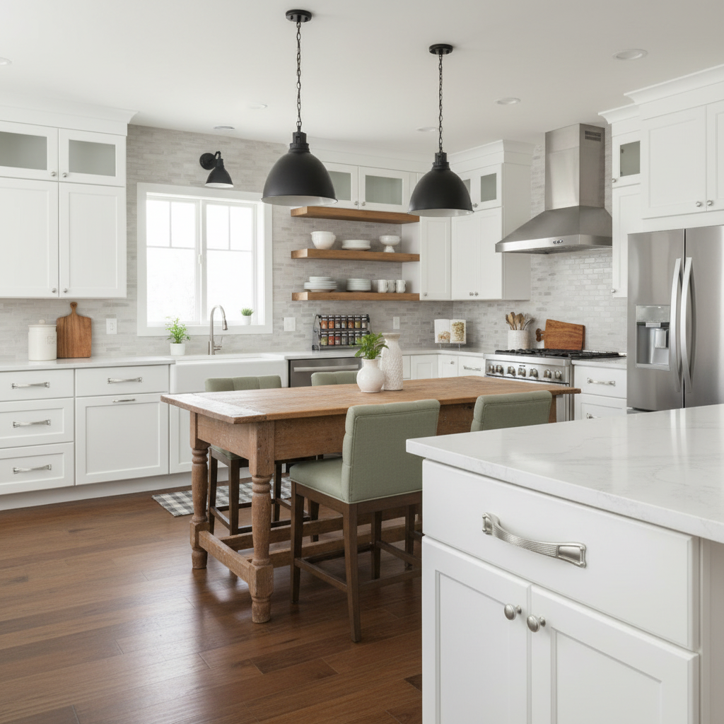 Modern kitchen with white cabinets, wooden island, and stainless steel appliances.