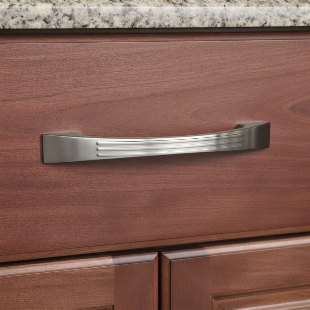 Wooden drawer with a satin nickel modern  handle on a kitchen cabinet.
