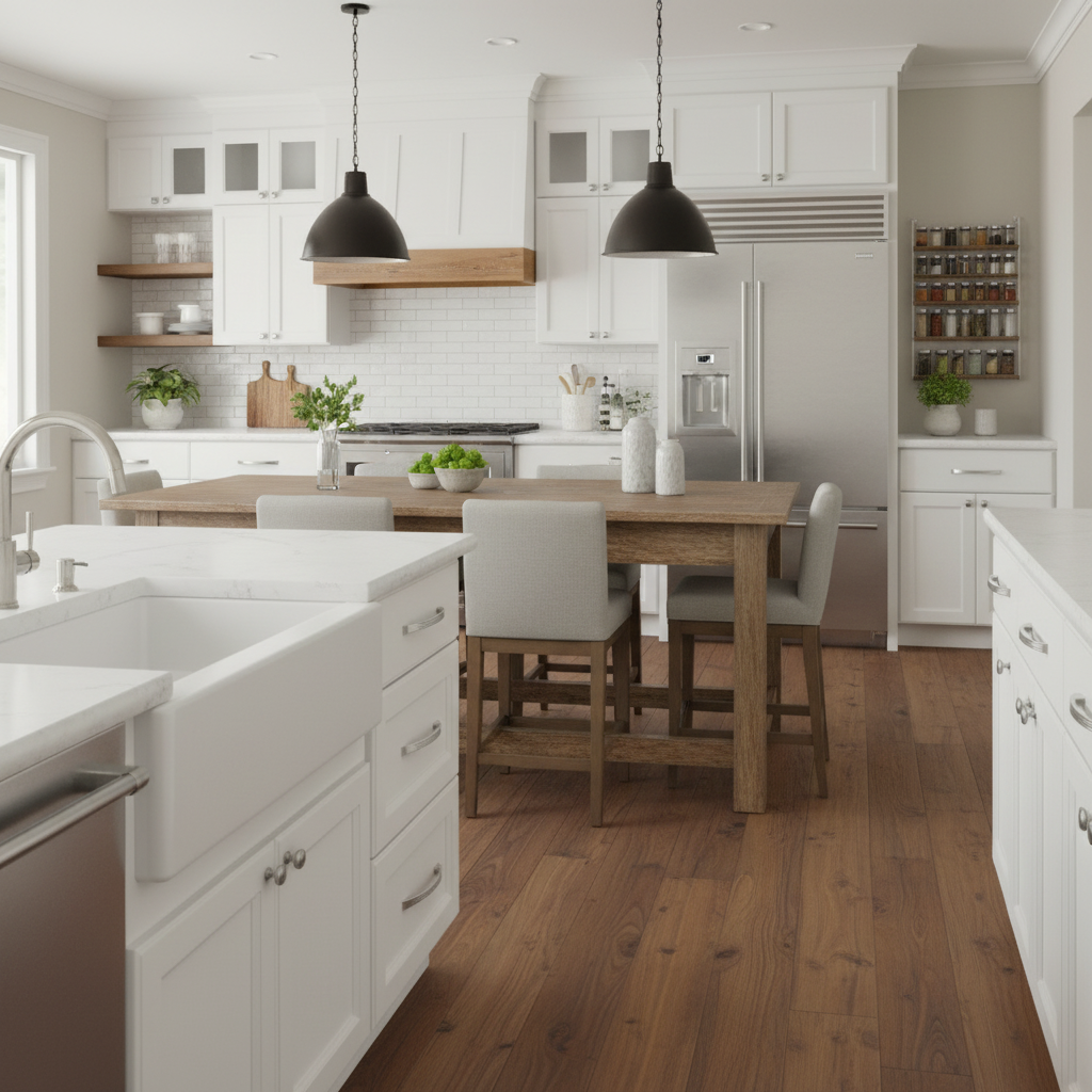 Modern kitchen with white cabinets, wooden floor, and stainless steel appliances.