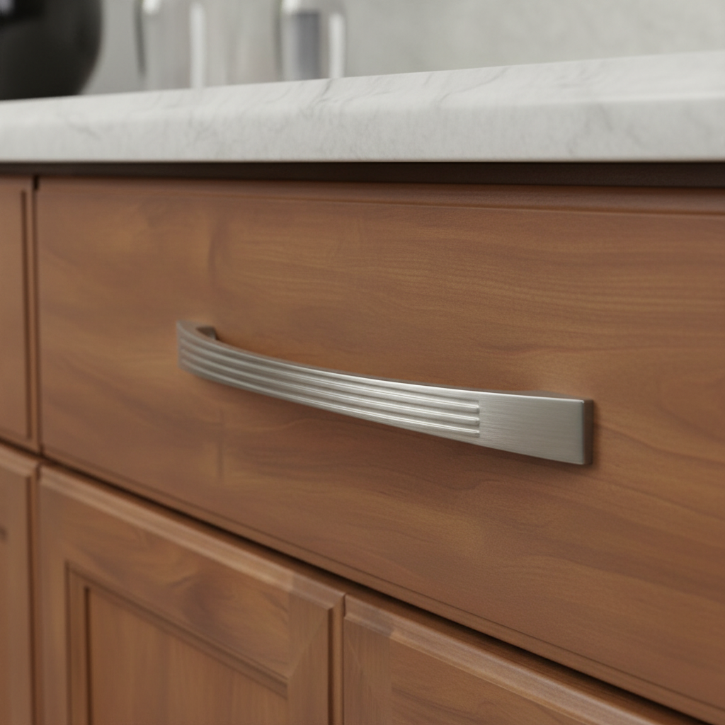 Wooden cabinet with a metallic handle in a kitchen setting