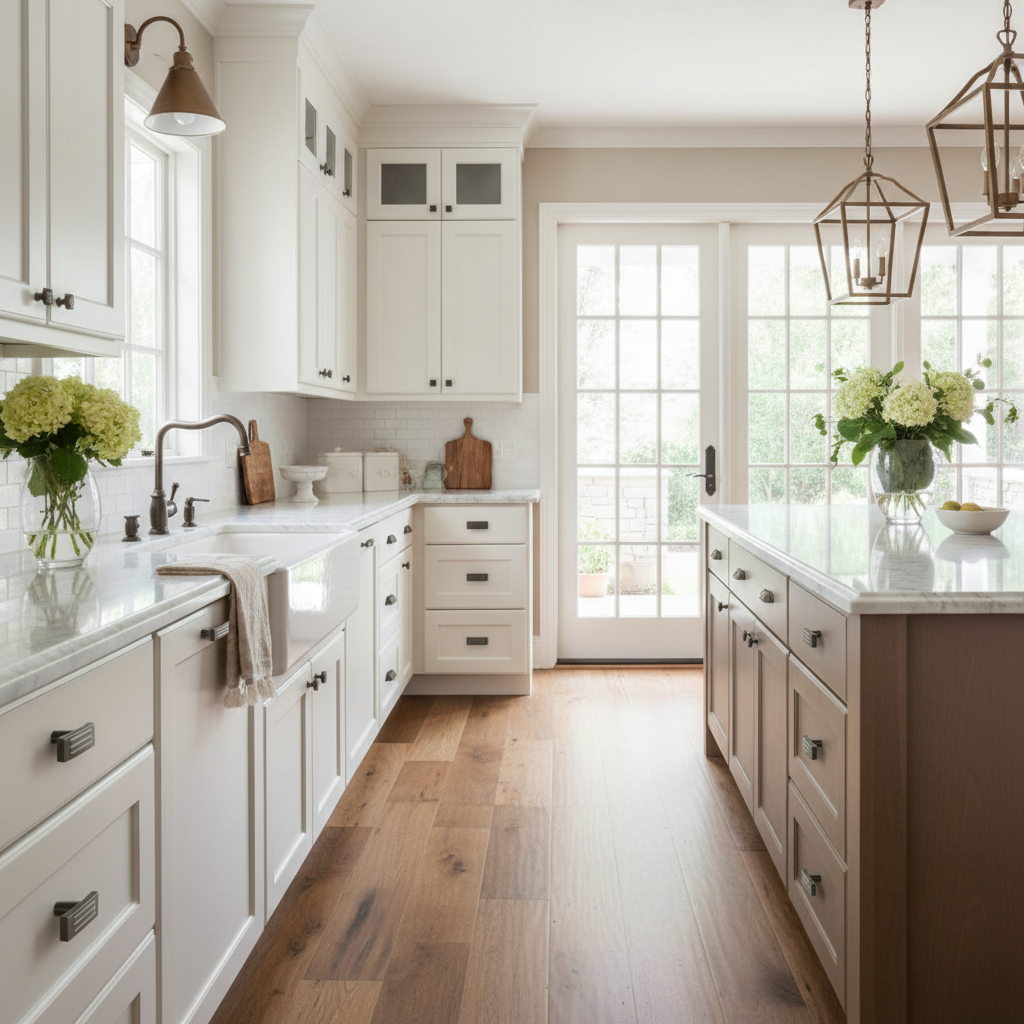 Modern kitchen with white cabinets, marble countertops, and wooden flooring.