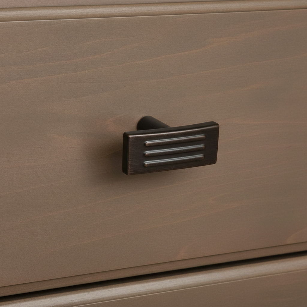 Close-up of a black cabinet handle on a beige drawer