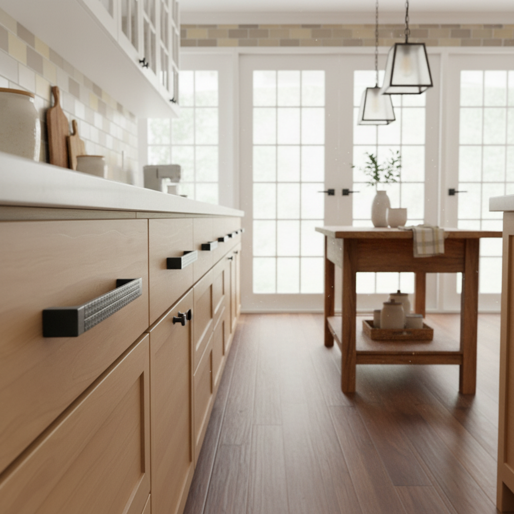 Wooden drawer with a black handle in a kitchen setting