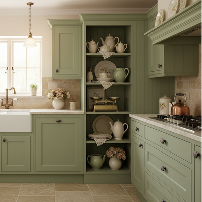 Green kitchen with white appliances and decorative items on shelves.