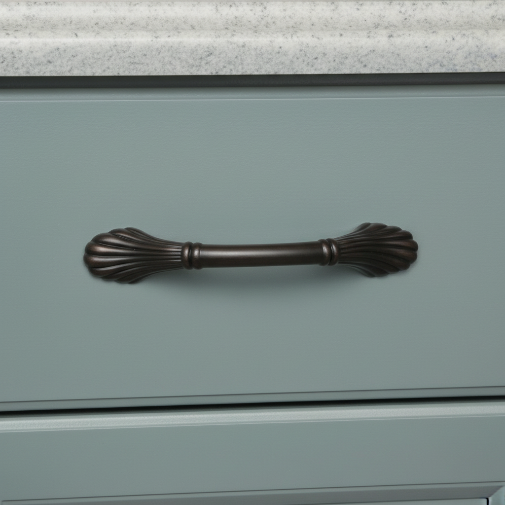 Decorative metal brown bronze handle on a gray cabinet with a marble countertop.