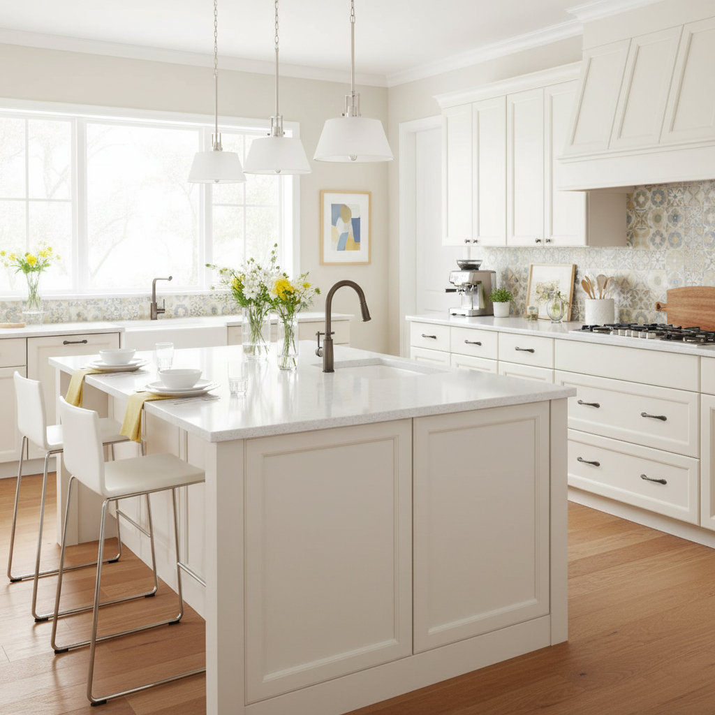 Modern kitchen with a central island, white cabinets, and wooden flooring.