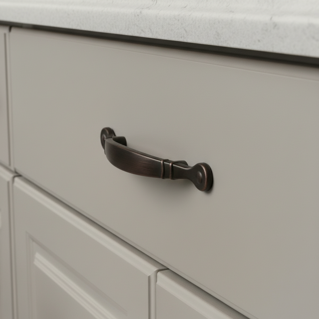 Close-up of a kitchen cabinet with a bronze handle on a light gray cabinet.