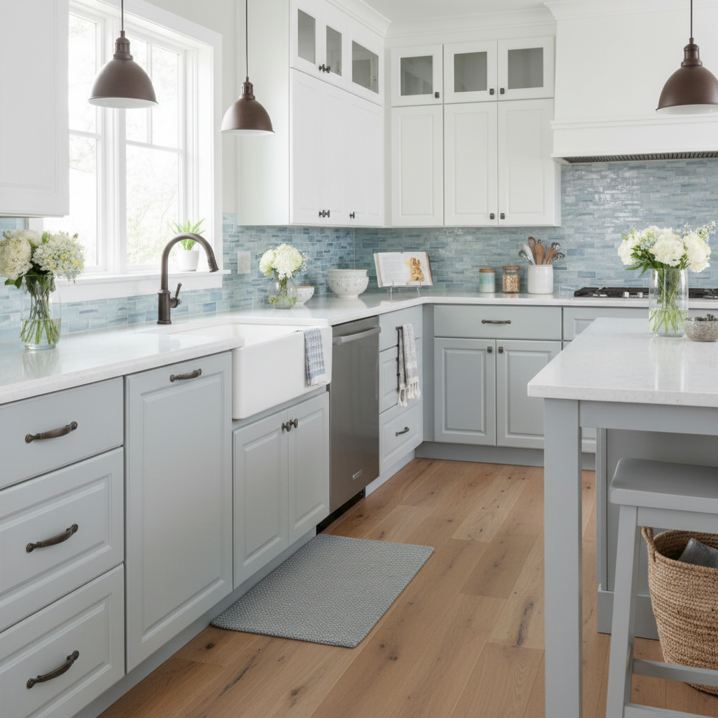 Close-up of a kitchen cabinet with a bronze handle on a light gray cabinet.