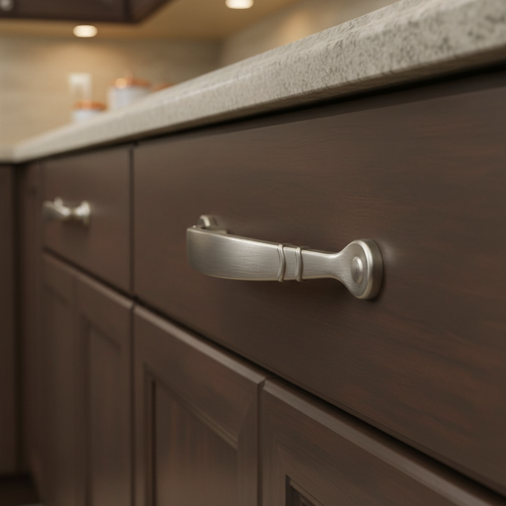 Close-up of a kitchen cabinet with a satin nickel handle, blurred background