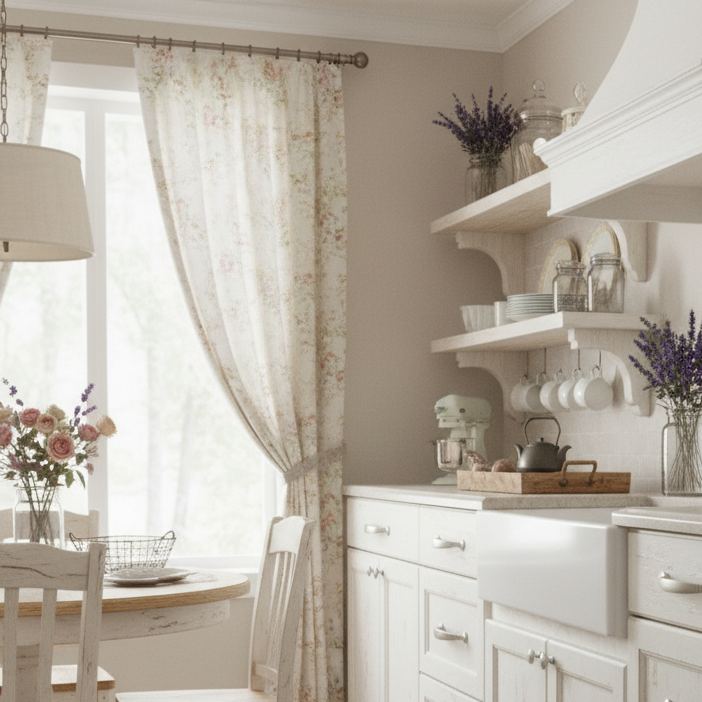 Kitchen with white cabinets, floral curtains, and decorative items.