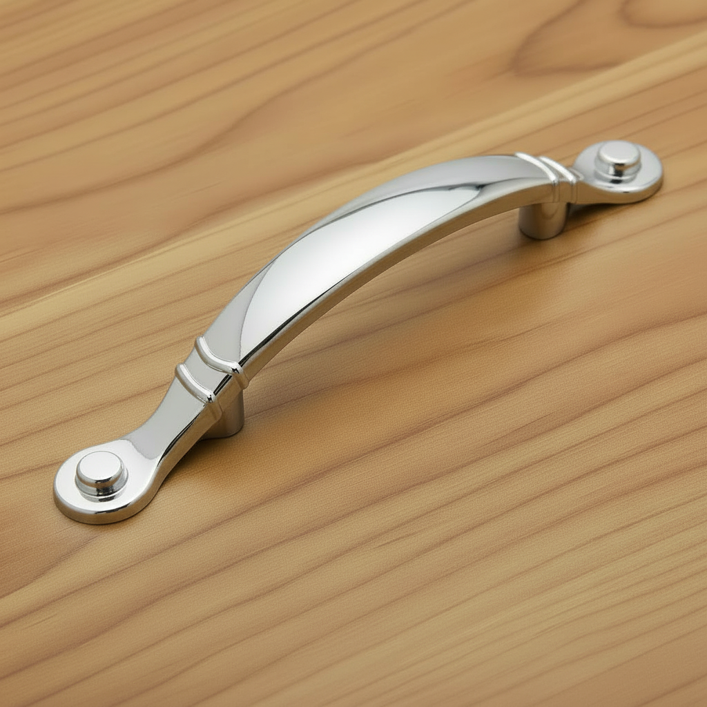 Chrome cabinet handle on a white background