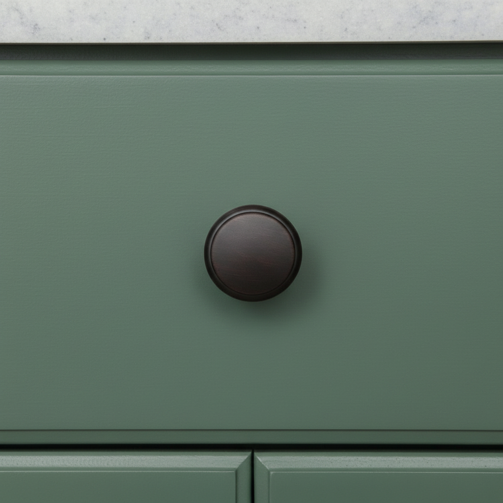 Oil rubbed bronze round cabinet knob on a Myrtle green cabinet drawer 
