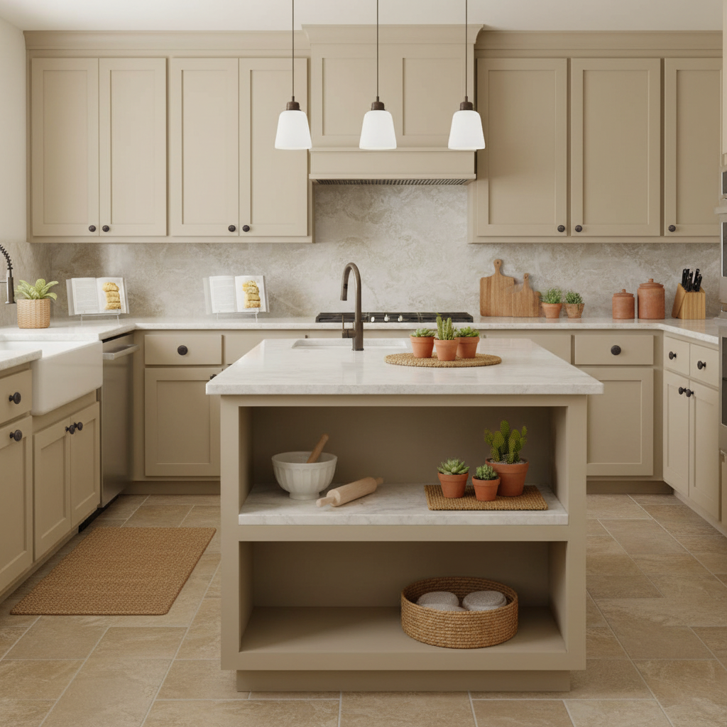 oil rubbed bronze cabinet knobs on  tan cabinet with dessert decor and baking areas 
