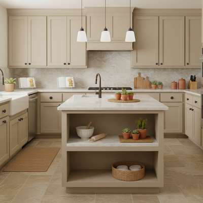 oil rubbed bronze cabinet knobs on  tan cabinet with dessert decor and baking areas 
