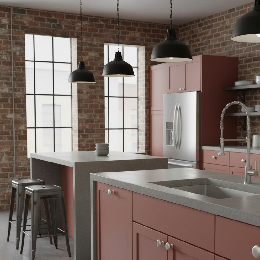 Modern kitchen with pink cabinets, gray countertops, and black pendant lights.