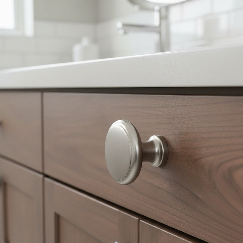 Close-up of a wooden cabinet with a silver knob in a bathroom setting.