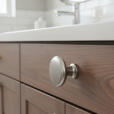 Close-up of a wooden cabinet with a silver knob in a bathroom setting.