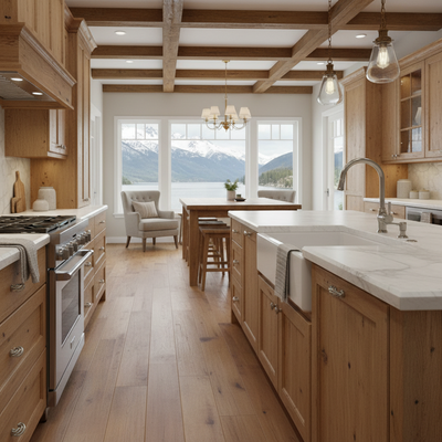 Modern kitchen with wooden cabinets, marble countertops, and a view of mountains.