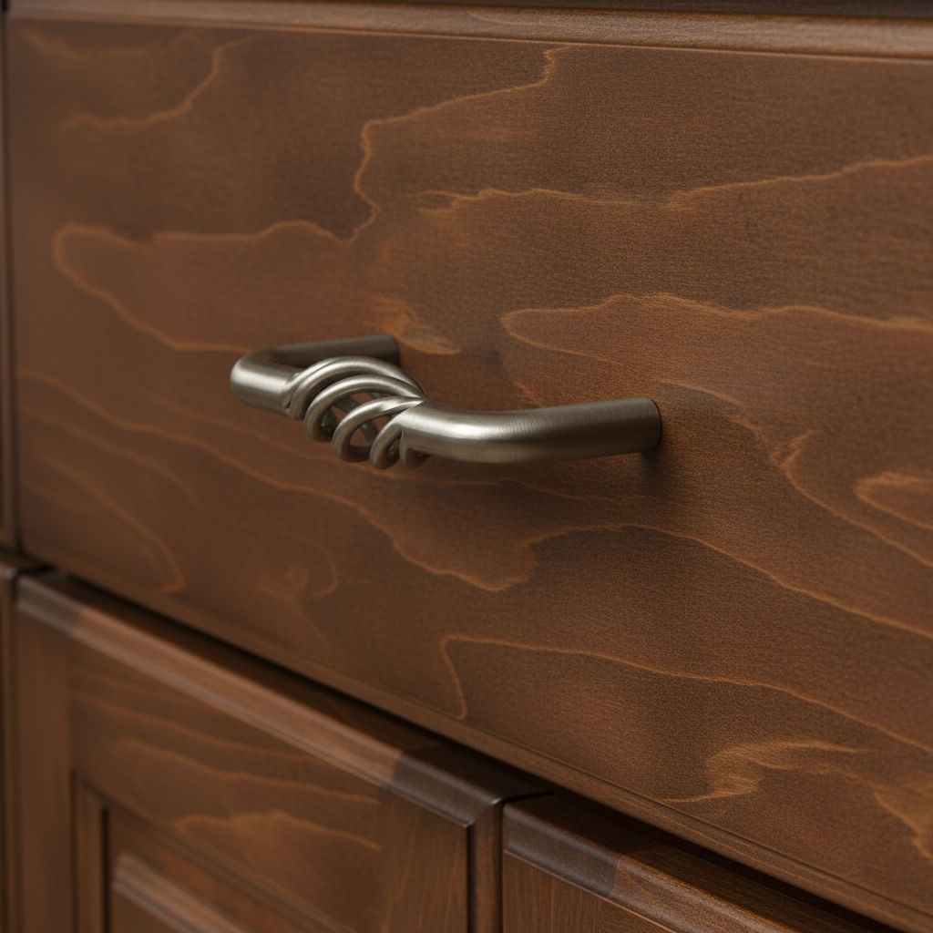satin nickel bird cage cabinet pull with three inch hole spacing on a wooden cabinet drawer 