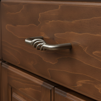 satin nickel bird cage cabinet pull with three inch hole spacing on a wooden cabinet drawer 