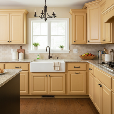 Modern kitchen with beige cabinets, a white sink, and a window above the counter.