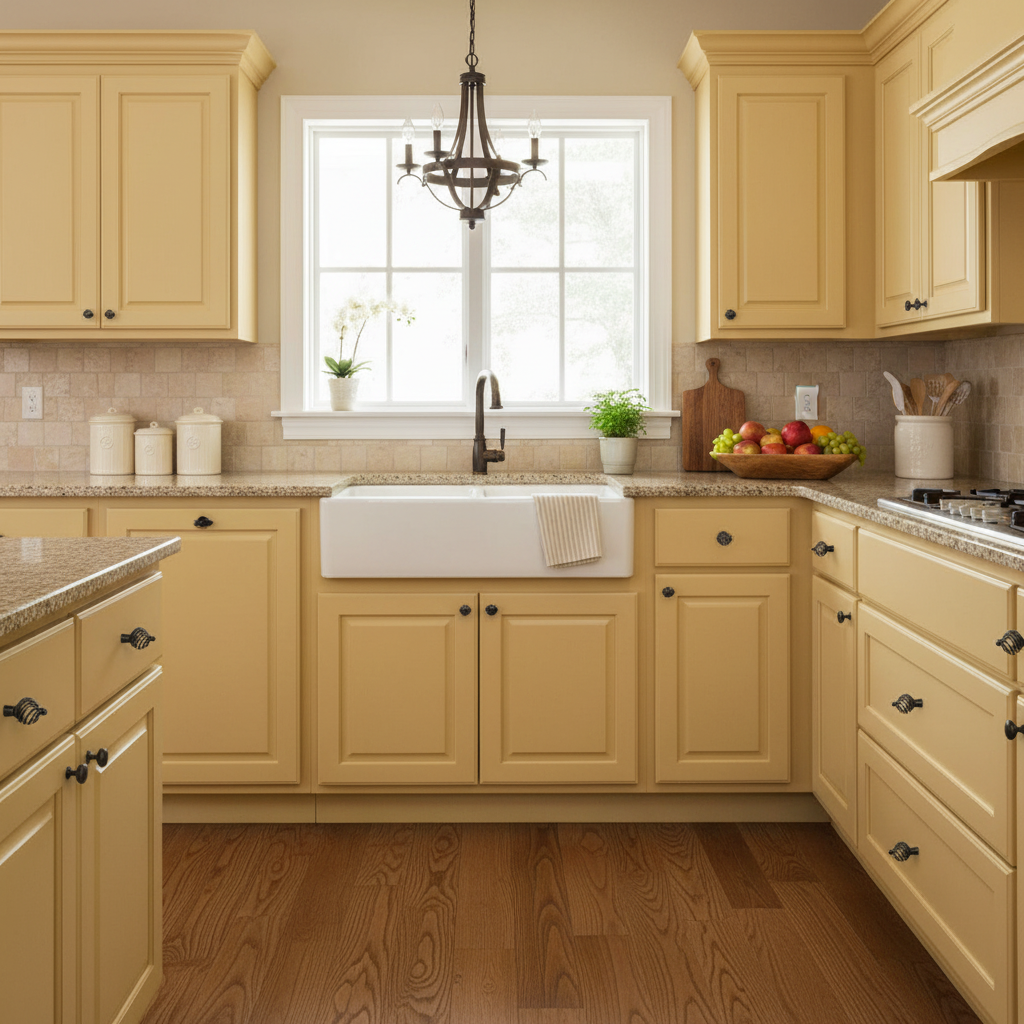 yellow cabinets in a pretty kitchen 1:1 ratio 
