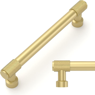 Amerdeco 10 Pack Brushed Gold Knurled Cabinet Pulls 5 Inch (128mm) Hole Center