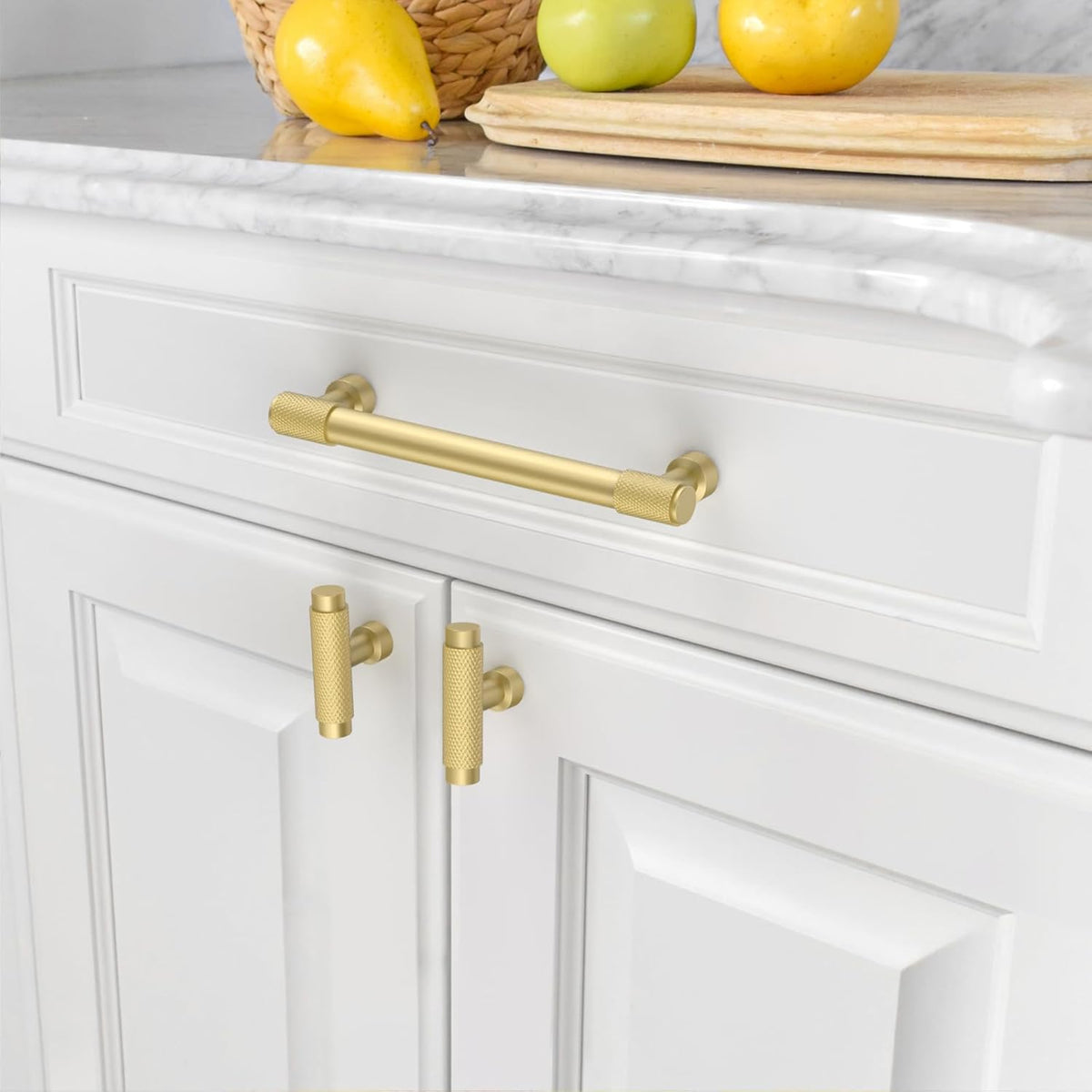 Amerdeco 10 Pack Brushed Gold Knurled Cabinet Pulls 5 Inch (128mm) Hole Center