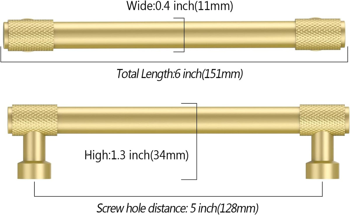 Amerdeco 10 Pack Brushed Gold Knurled Cabinet Pulls 5 Inch (128mm) Hole Center