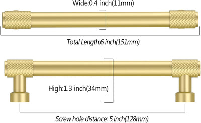 Amerdeco 10 Pack Brushed Gold Knurled Cabinet Pulls 5 Inch (128mm) Hole Center