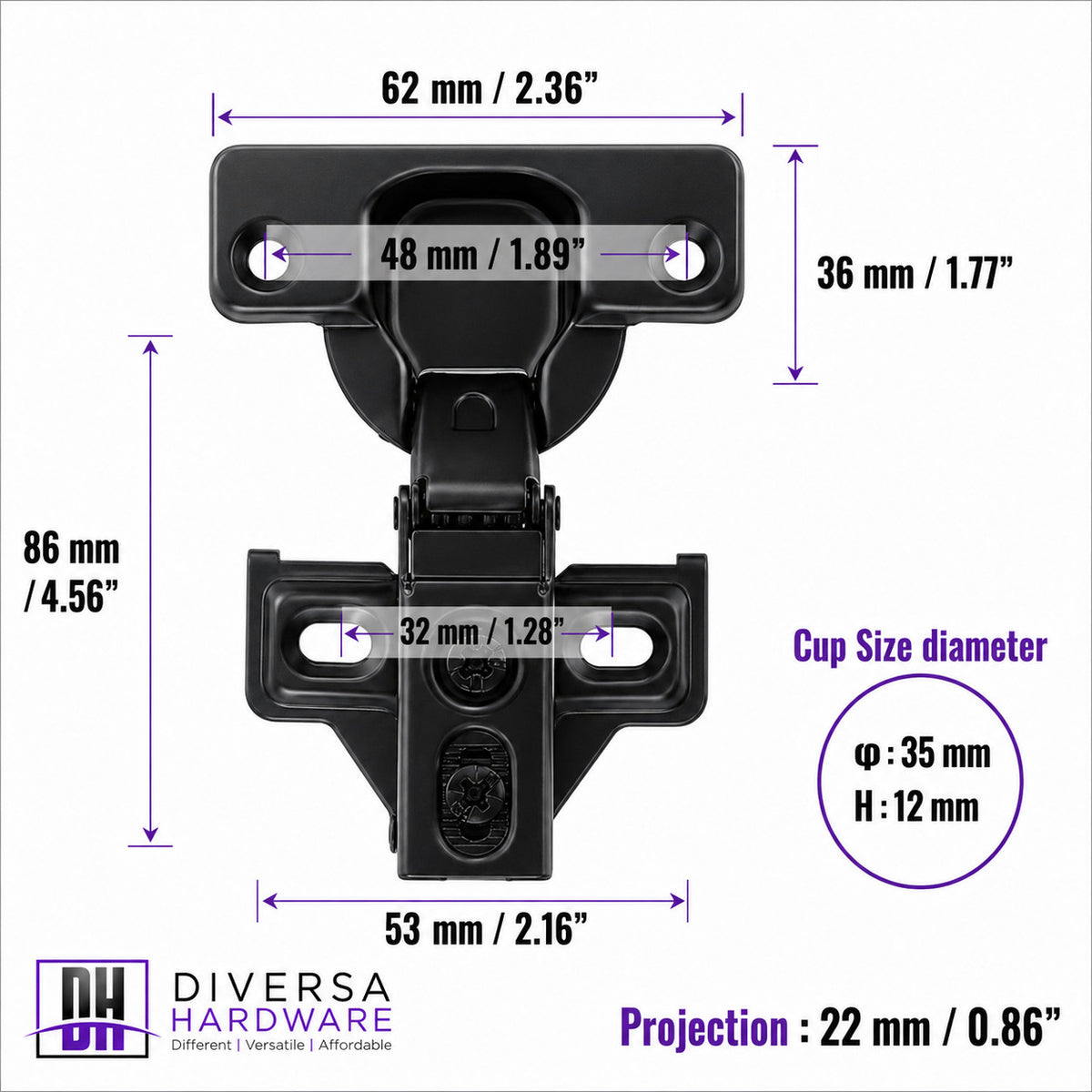 Diversa 52003 Self Closing Concealed Black Cabinet Hinge 1/2" Overlay