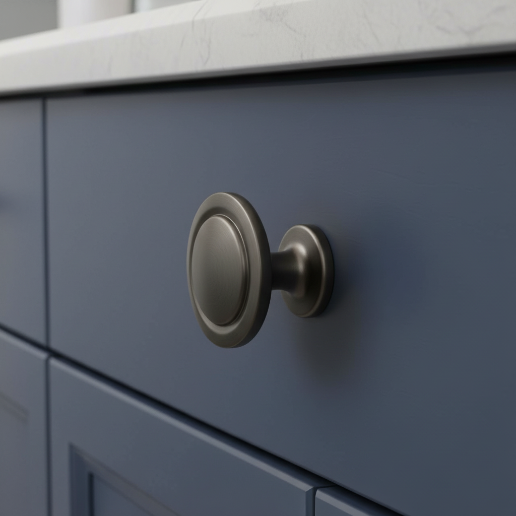 Close-up of a blue cabinet with a graphite gray round cabinet knob