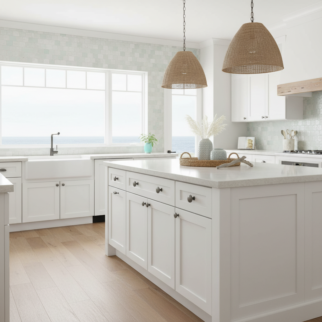 Graphite gray cabinet knobs installed in a coastal kitchen with white cabinets, marble countertops, and wicker pendant lights.