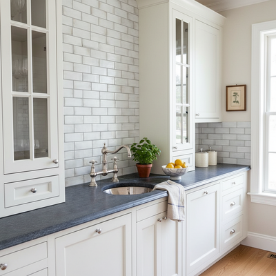 farm kitchen with white cabinets, dark countertops, and a tiled backsplash.