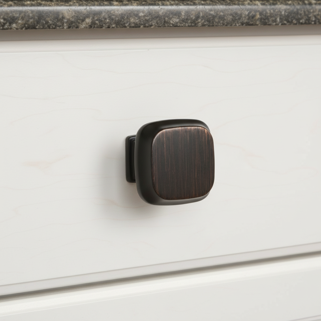 An oil rubbed bronze cabinet knob with a contemporary square design.
